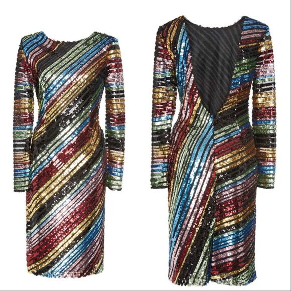 ALCOOLIQUE Peyton Tubolar Black Rainbow Stripe Sequin Mesh Mini Backless Dress 4 - Picture 8 of 8